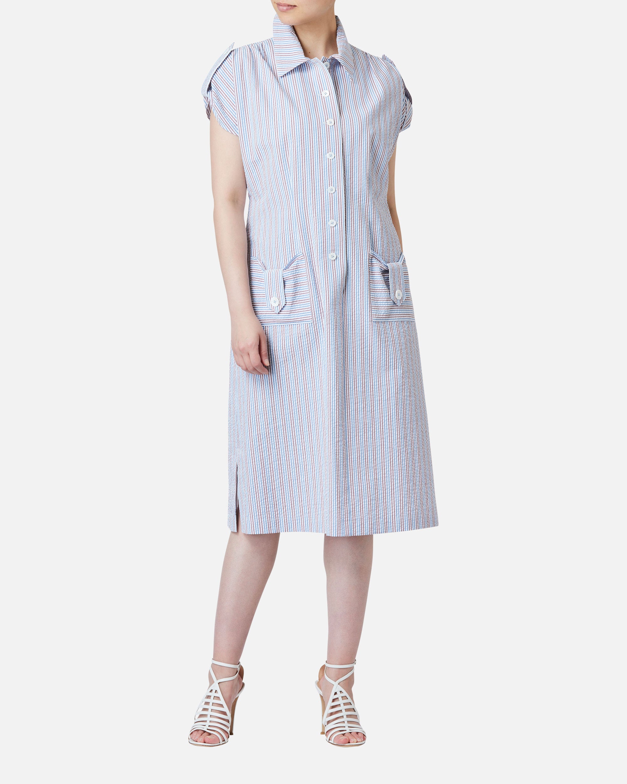 ストライプ柄シャツカラーワンピース